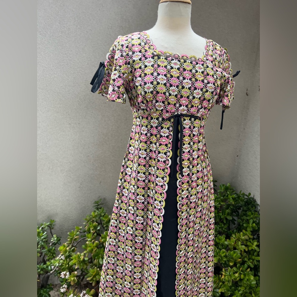Vintage 70s maxi dress empire waist embroidered lace black lining Sz XS handmade - Picture 5 of 13